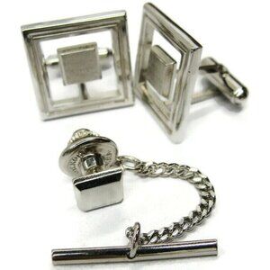 Cufflinks Tie Tac Set Floating Square Silver Tone Tux Suit Vintage